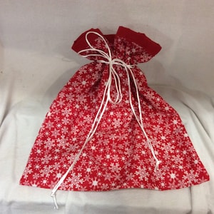 Holiday Red  and White Snowflakes Tie and Go  Medium Size Drawstring Gift Bag or Drawstring Purse