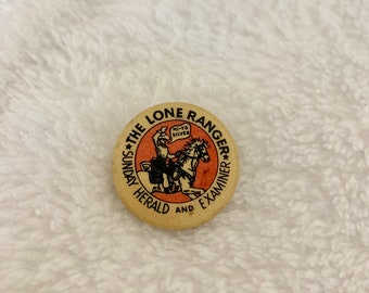 Western Cowboy Button "The Lone Ranger  Sunday Herald and Examiner Hi-Yo Silver" Pin Patch Clip Vintage Pinback Badge