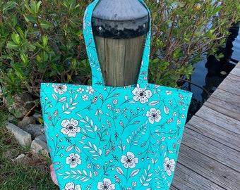 Turquoise Florida Blue Floral Print Reversible Market Tote Summer Beach Bag