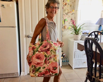Vibrant Pink and Purple Floral Print Reversible Market Tote Summer Beach Bag