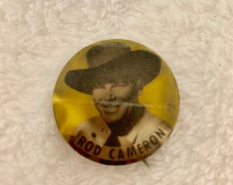 Western Cowboy Button "Rod Cameron" Pin Patch Clip Vintage Pinback Badge