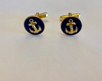 MCM Gold Tone Navy Blue Anchor Cufflinks