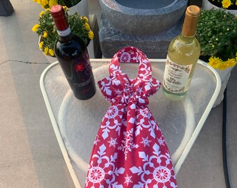 Festive Holiday Red with White Snowflakes Drawstring Wine Tote with Carry Handles