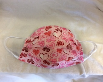Face Mask with Filter Pocket Elastic Ear Loops  Washable Made in USA Nose Wire Pink Hearts Valentine’s Day Print