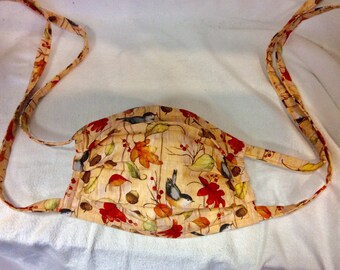 Face Mask with Filter Pocket  Washable Made in USA Nose Wire Autumn Leaves and Birds Fall Print
