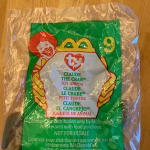 Set of 4 McDonald&#39;s Happy Meal Toys Ty Beanie Babies, numbers 9-12: Claude the Crab, Stretchy the Ostrich,Nook the Husky, and Chip the Cat