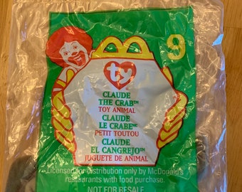 Set of 4 McDonald's Happy Meal Toys Ty Beanie Babies, numbers 9-12: Claude the Crab, Stretchy the Ostrich,Nook the Husky, and Chip the Cat