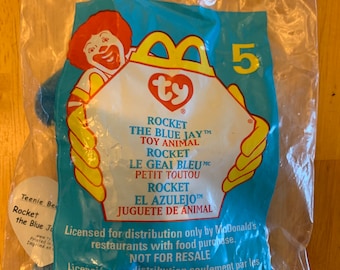 Set of 4 McDonalds Happy Meal Toys Ty Beanie Babies, numbers 5-8:Rocket the Blue Jay,Iggy the Iguana,Strut the Rooster,and Nuts the Squirrel