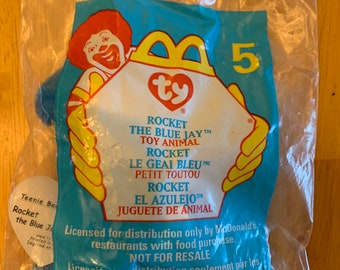 Set of 4 McDonalds Happy Meal Toys Ty Beanie Babies, numbers 5-8:Rocket the Blue Jay,Iggy the Iguana,Strut the Rooster,and Nuts the Squirrel