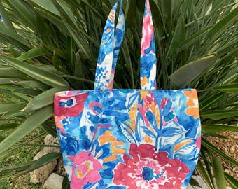 Vibrant Blues and Pink Floral Print Reversible Market Tote Summer Beach Bag