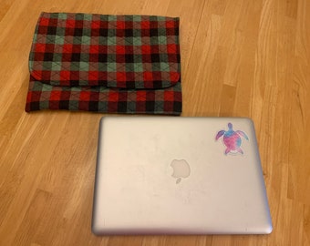Double Quilted Laptop Computer Sleeve Red and Green Winter  Plaid Print