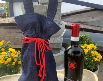 Navy Blue Denim  Drawstring Wine Tote with Carry Handles