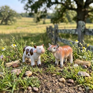 May include: Two ceramic cow figurines, one white with brown spots and the other reddish-brown, stand in a miniature outdoor scene with grass, flowers, and small rocks. A wooden fence and trees are in the background.