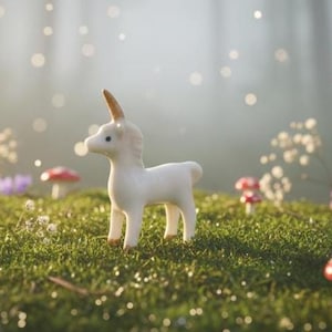 May include: A white ceramic unicorn figurine with a golden horn stands on a bed of green grass. Red and white mushroom figurines and pink flowers are scattered around the unicorn. The background is blurred with soft light.