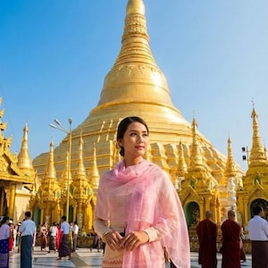 以下が含まれることがあります： 伝統的な衣装を着た女性が、大きな黄金のパゴダの前に立っています。彼女はピンクのスカーフと模様入りのスカートを身に着けています。パゴダは装飾されており、複数の尖塔があり、背景には明るい青い空があります。他の人々も見えます。