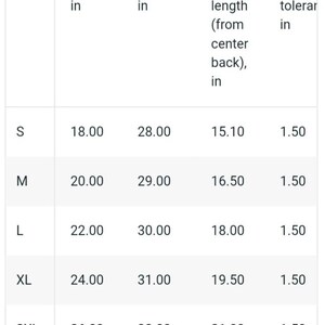 May include: A table showing size chart for a garment with measurements in inches for width, length, sleeve length, and size tolerance.