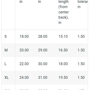 May include: A table showing size chart for a garment with measurements in inches for width, length, sleeve length, and size tolerance.
