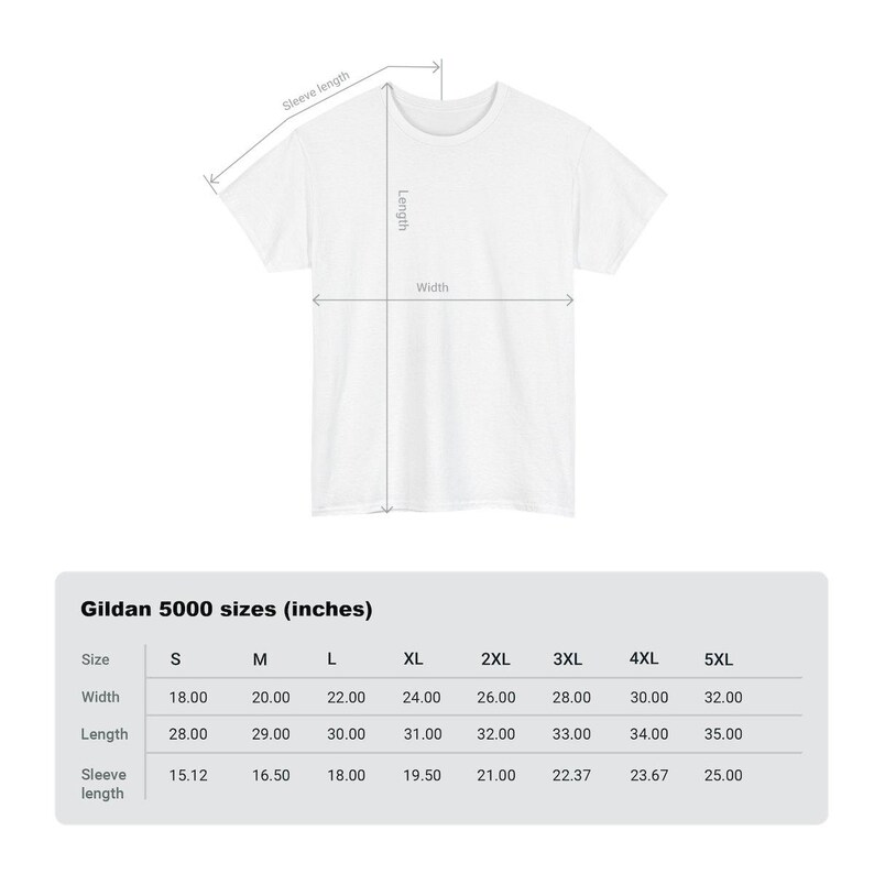 May include: A size chart for Gildan 5000 t-shirts, showing measurements in inches for sizes S through 5XL. The chart includes width, length, and sleeve length.