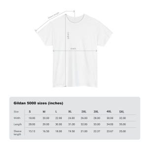 May include: A size chart for Gildan 5000 t-shirts, showing measurements in inches for sizes S through 5XL. The chart includes width, length, and sleeve length.
