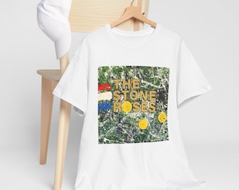 May include: White t-shirt featuring a graphic print of The Stone Roses album cover. The album cover has a green and white abstract design with the band's name in gold lettering.