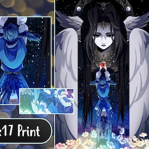 May include: A digital illustration of a winged figure with long black hair and a red apple in their hand. The figure is surrounded by a starry sky and a field of flowers. The text "11x17 Print" is at the bottom of the image.