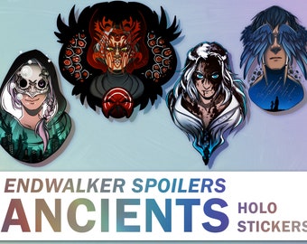May include: Four holographic stickers featuring characters from the Final Fantasy XIV Endwalker expansion. The stickers feature a red-haired woman with a crown, a white-haired man with blue eyes, a woman with a mask and a green hooded cloak, and a man with blue wings. The text "ENDWALKER SPOILERS ANCIENTS HOLO STICKERS" is at the bottom of the image.