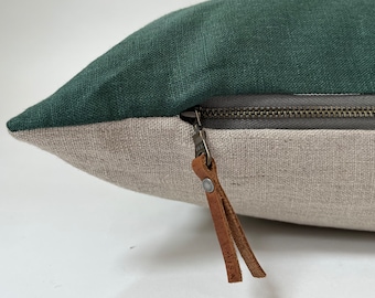 Green linen pillow cover emerald green linen with a natural linen backing exposed zipper-leather pull 20”22"24”14x24” handcrafted by misa