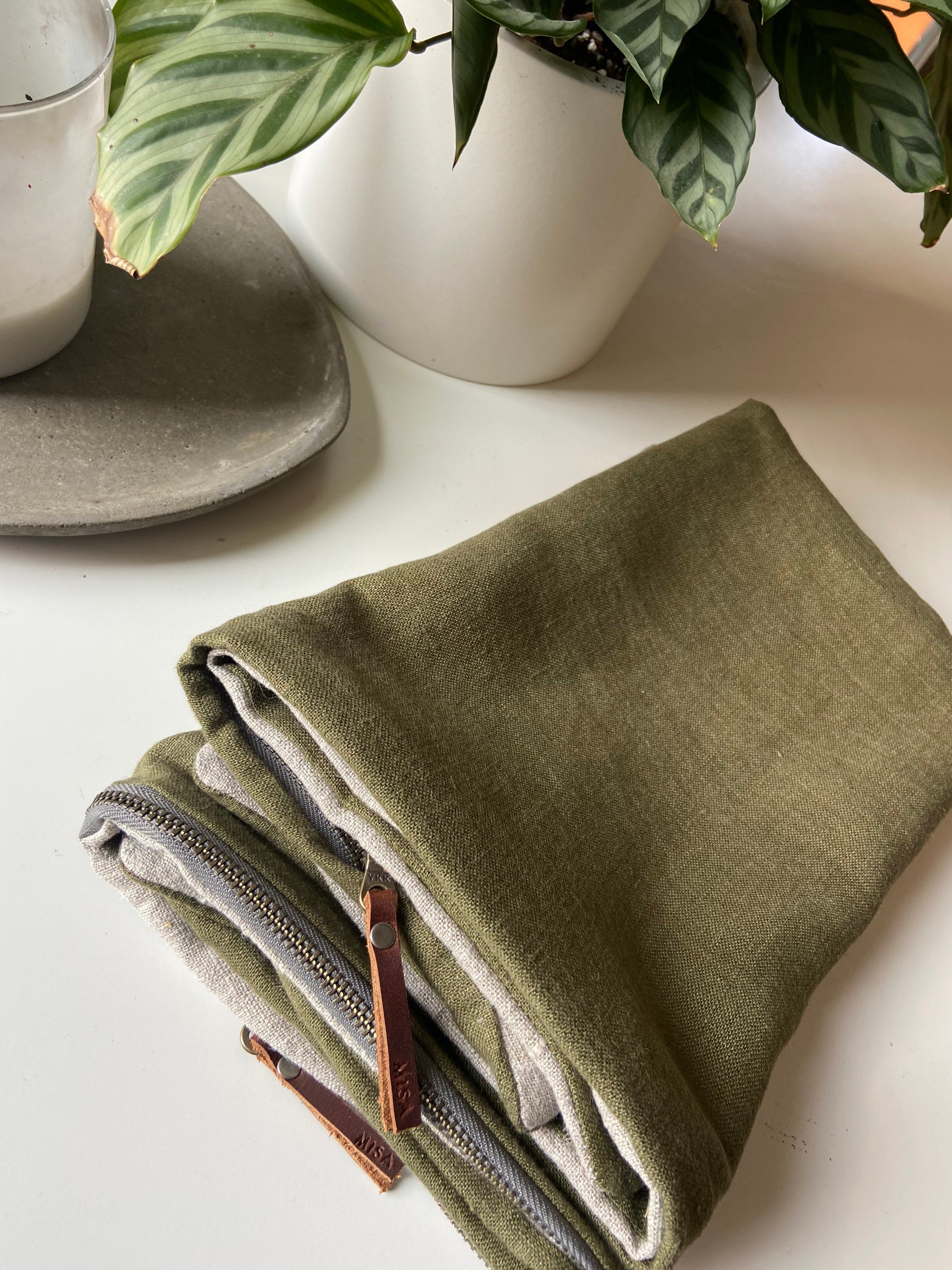 Luxury Olive Green Linen Pillow Cover With Neutral Linen Etsy