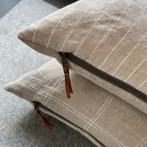 white and tan plaid linen pillow cover exposed zipper-leather pull 20222414x24 high quality 100% linen housewarming gift image 5