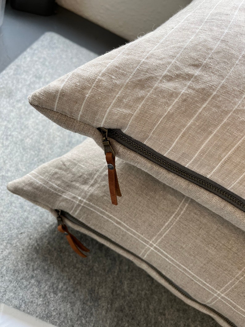 white and tan plaid linen pillow cover exposed zipper-leather pull 20222414x24 high quality 100% linen housewarming gift image 5