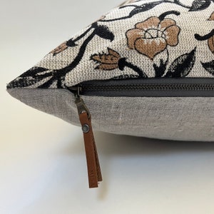 Black and tan floral linen pillow cover exposed zipper-leather pull  14x24 20”22&quot;24” high quality floral pillow