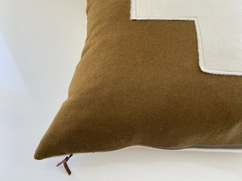 exposed zipper-leather pull Swisscross pillow cover 20x20 or 24x14 lumbar made with Pendleton wool army gold with cream cross