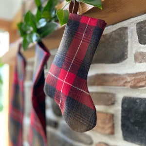 Christmas stocking plaid wool baby puppy mini Red green black plaid leather hanging tabs  handmade with Pendleton wool