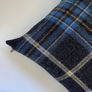 Black blue gold plaid wool pillow cover exposed zipper-leather pull 24&quot;20&quot;22&quot; 14x24 made with Pendleton wool Handcrafted by misa