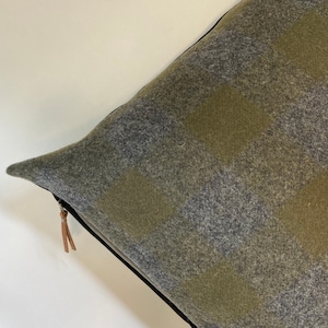 Gray and olive green wool plaid pillow cover exposed zipper leather pull 14x24 20” 24”made with Pendleton wool housewarming gift