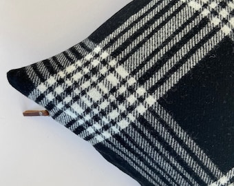 Black and white plaid wool pillow cover exposed zipper-leather pull 24x24 22x22 20x20 14x24 made with Pendleton wool Handcrafted by misa