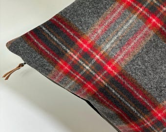 Wool Plaid Pillow Cover Red & Black Exposed Zipper