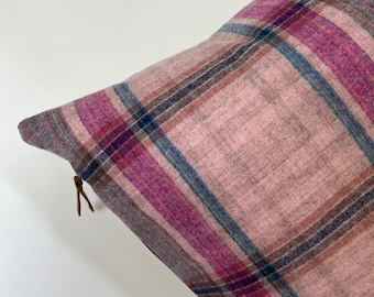 Pink blue plaid wool pillow cover exposed zipper-leather pull 20x20 14x24  made with Pendleton wool Handcrafted by misa housewarming gift