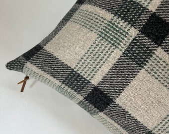 Black and green plaid wool pillow cover exposed zipper-leather pull 20” 22”24” 14x24 made with Pendleton wool Handcrafted by misa