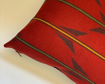 Handcrafted Red Striped Wool Pillow Cover: Leather Zipper Pull