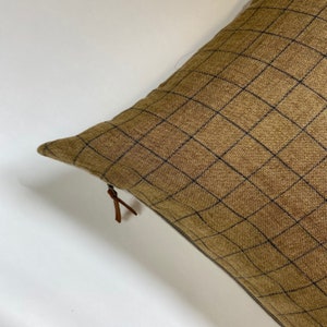 Gold and navy plaid linen pillow cover exposed zipper-leather pull 14x24 20x20 24x24 high quality 100% linen housewarming gift image 2