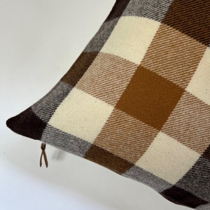 Brown black and cream plaid pillow cover brown plaid exposed zipper-leather pull 20”24”22 14x24 made with Pendleton wool  housewarming gift