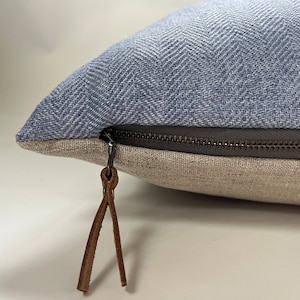 Blue linen pillow cover with a natural linen backing exposed zipper-leather pull baby blue 100% linen 20”22&quot;24”14x24” handcrafted by misa