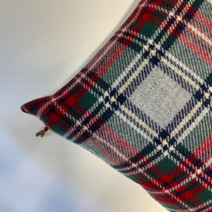 Red blue green plaid pillow cover |exposed zipper-leather pull 18x18 14x24 made with Pendleton wool| Handcrafted by misa