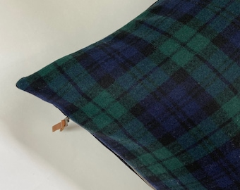 Handcrafted Navy & Green Plaid Wool Pillow Cover with Leather Pull