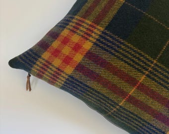 Wool Pillow Cover: Blue Gold Red Plaid, Leather Pull