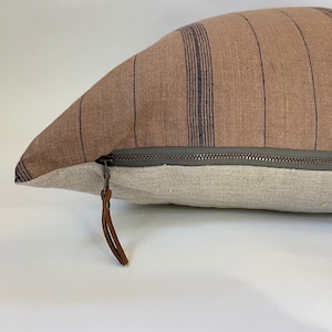 Navy blue and brown striped linen pillow cover exposed zipper-leather pull20” 22"14x24 24" high quality  housewarming gift