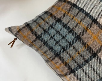 Black blue cream plaid wool pillow cover |exposed zipper-leather pull 20&quot;22&quot; 24&quot;14x24&quot; made with Pendleton wool| Handcrafted by misa