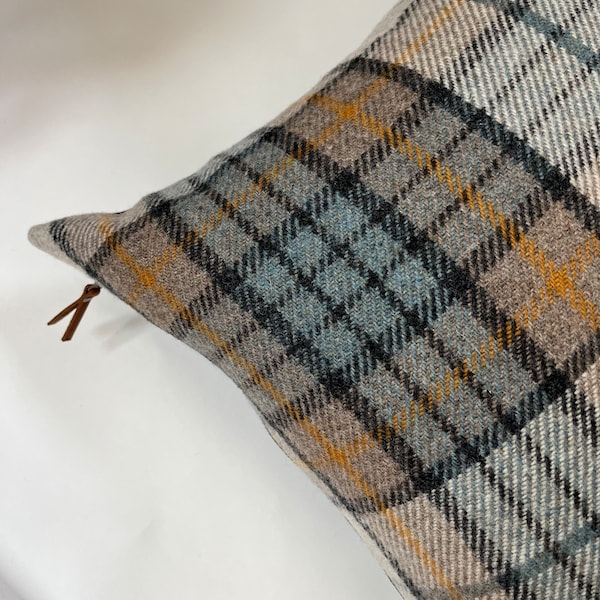 Black blue cream plaid wool pillow cover |exposed zipper-leather pull 20"22" 24"14x24" made with Pendleton wool| Handcrafted by misa