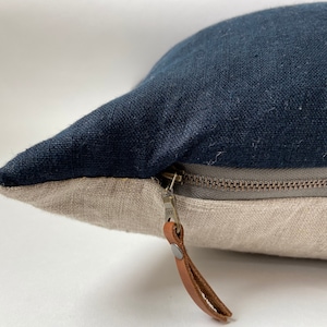 Navy blue linen pillow cover exposed zipper-leather pull 20x20”22x22"14x24 24x24 high quality neutral 100% Linen backing handcrafted by misa